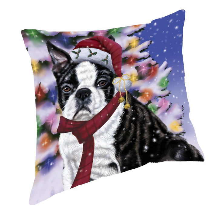 Winterland Wonderland Boston Dog In Christmas Holiday Scenic Background Throw Pillow