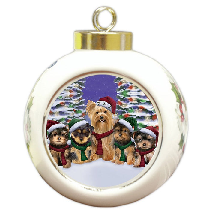Yorkshire Terriers Dog Christmas Family Portrait in Holiday Scenic Background Round Ball Ornament