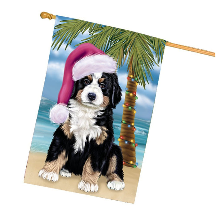 Summertime Happy Holidays Christmas Bernese Dog on Tropical Island Beach House Flag