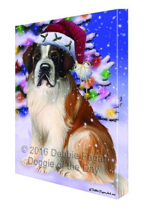 Winterland Wonderland Saint Bernard Dog In Christmas Holiday Scenic Background Canvas Wall Art