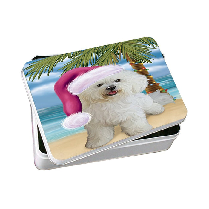 Summertime Happy Holidays Christmas Bichon Frise Dog on Tropical Island Beach Photo Storage Tin