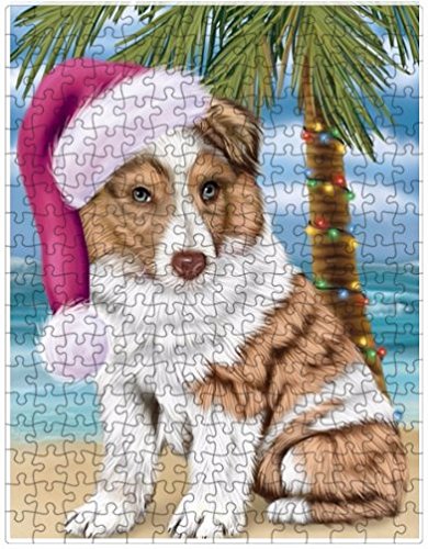 Summertime Happy Holidays Christmas Australian Shepherd Dog on Tropical Island Beach Puzzle with Photo Tin