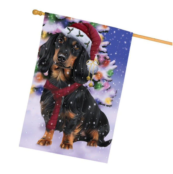 Winterland Wonderland Dachshunds Dog In Christmas Holiday Scenic Background House Flag
