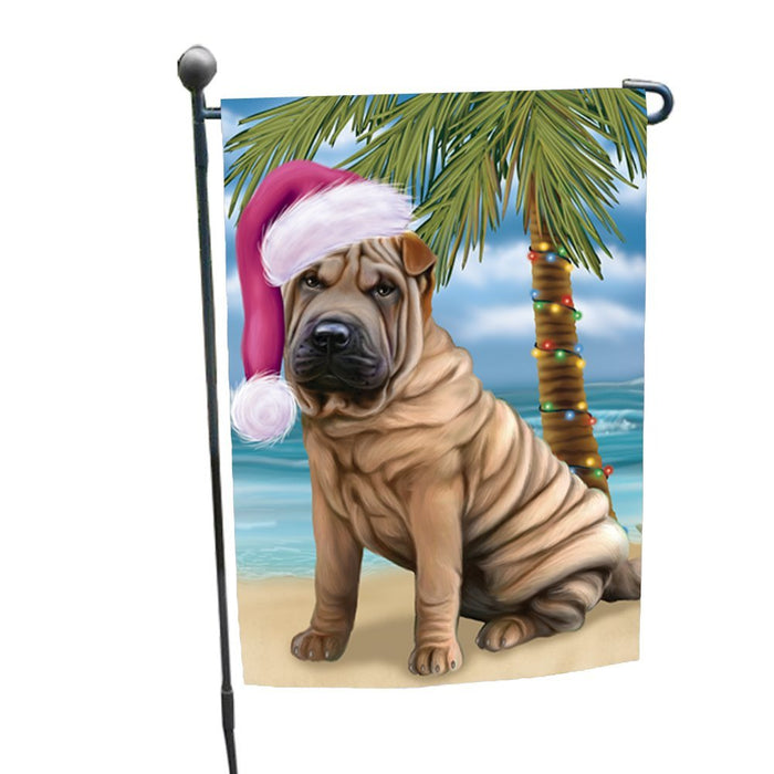 Summertime Happy Holidays Christmas Shar Pei Dog on Tropical Island Beach Garden Flag