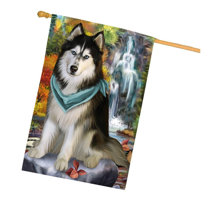 Scenic Waterfall Siberian Husky Dog House Flag FLGA49488