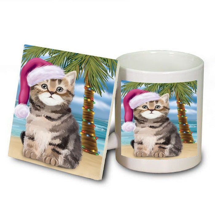 Summertime British Shorthair Cat on Beach Christmas Mug and Coaster Set MUC0749