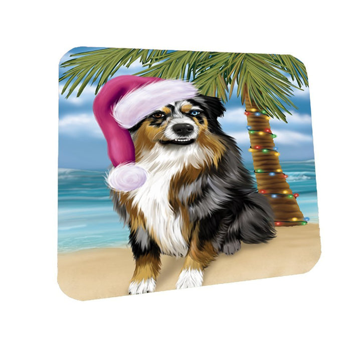 Summertime Happy Holidays Christmas Australian Shepherd Dog on Tropical Island Beach Coasters Set of 4