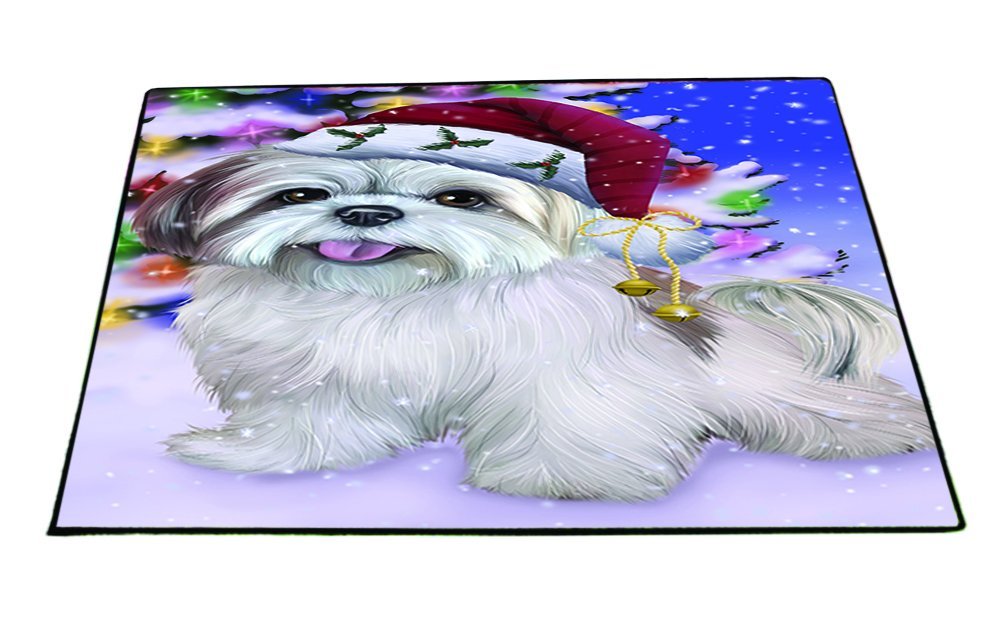 Winterland Wonderland Lhasa Apso Dog In Christmas Holiday Scenic Background Indoor/Outdoor Floormat