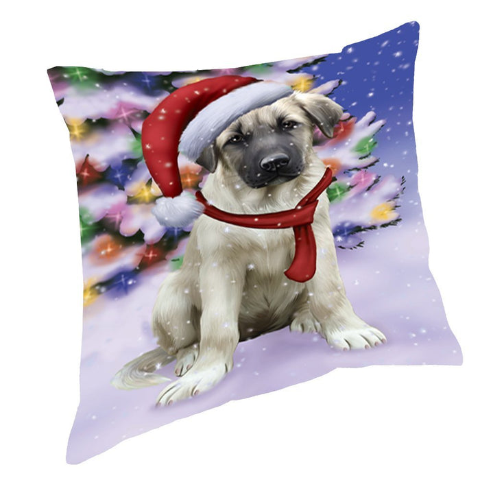 Winterland Wonderland Anatolian Shepherds Puppy Dog In Christmas Holiday Scenic Background Throw Pillow