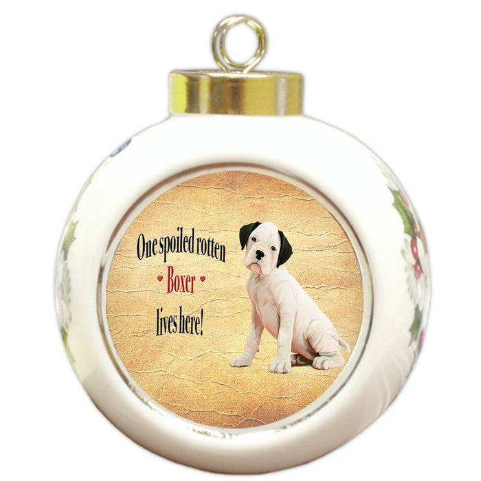 White Boxer Spoiled Rotten Dog Round Ceramic Christmas Ornament