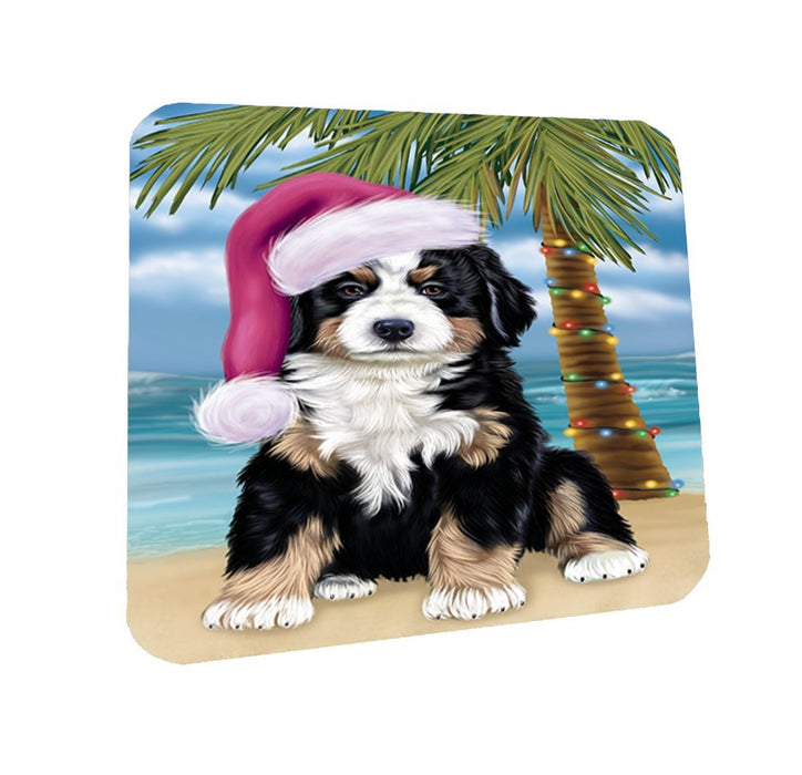 Summertime Happy Holidays Christmas Bernese Dog on Tropical Island Beach Coasters Set of 4