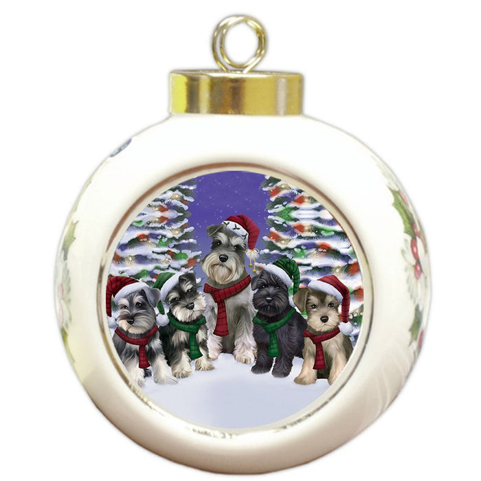 Schnauzers Dog Christmas Family Portrait in Holiday Scenic Background Round Ball Ornament