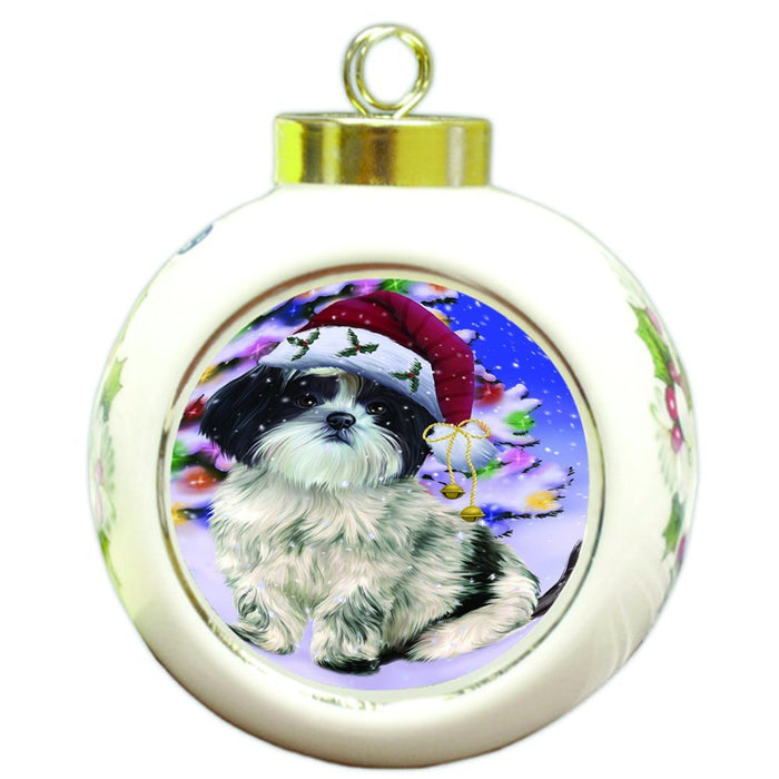 Winterland Wonderland Shih Tzu Dog In Christmas Holiday Scenic Background Round Ball Ornament D597