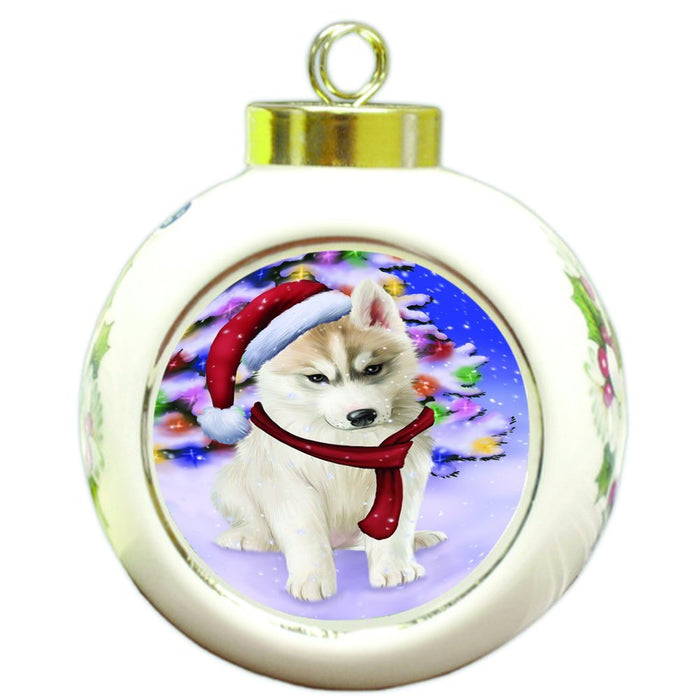 Winterland Wonderland Siberian Huskies Dog In Christmas Holiday Scenic Background Round Ball Ornament D589