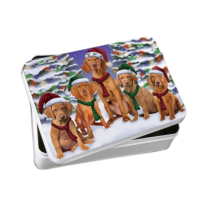 Vizsla Dog Christmas Family Portrait in Holiday Scenic Background Photo Storage Tin