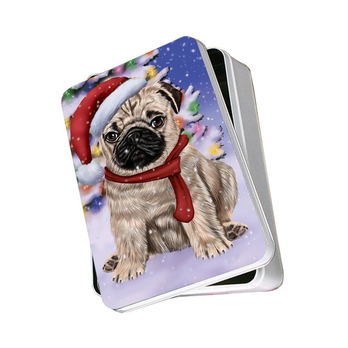 Winterland Wonderland Pug Dog In Christmas Holiday Scenic Background Photo Storage Tin