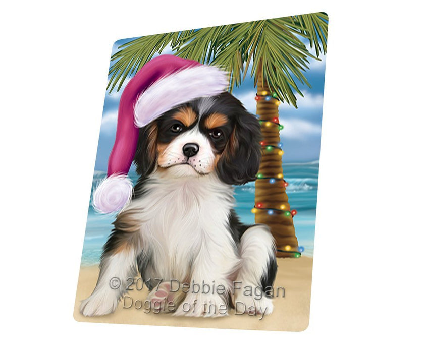 Summertime Happy Holidays Christmas Cavalier King Charles Spaniel Dog on Tropical Island Beach Tempered Cutting Board