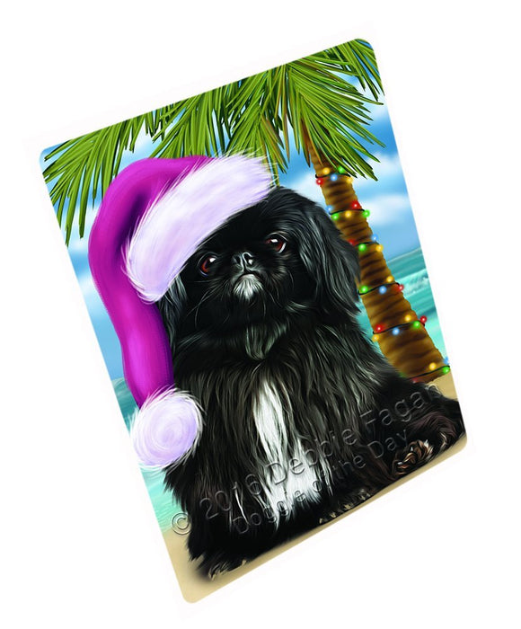 Summertime Happy Holidays Christmas Pekingese Dog on Tropical Island Beach Tempered Cutting Board