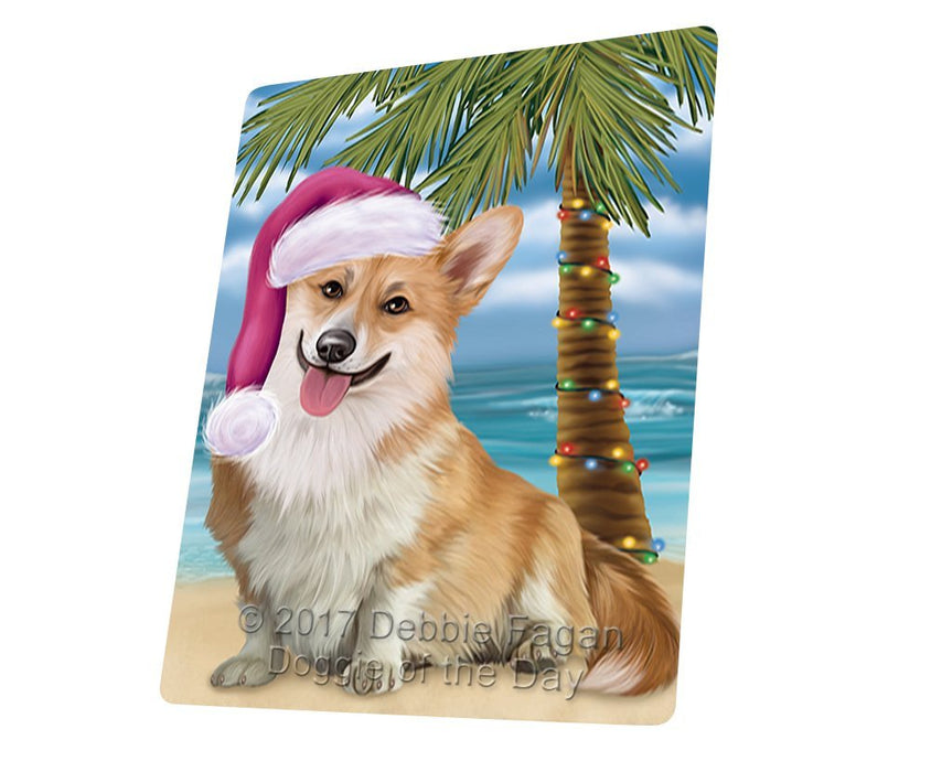 Summertime Happy Holidays Christmas Corgi Dog on Tropical Island Beach Tempered Cutting Board
