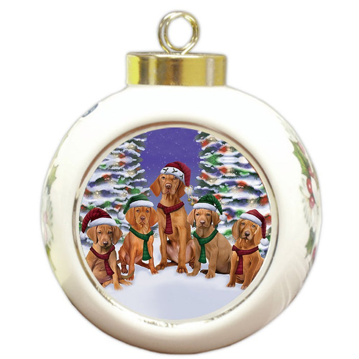 Vizsla Dog Christmas Family Portrait in Holiday Scenic Background Round Ball Ornament