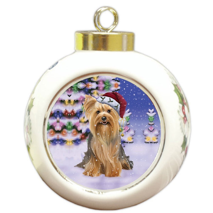 Winterland Wonderland Yorkshire Terriers Dog In Christmas Holiday Scenic Background Round Ball Ornament