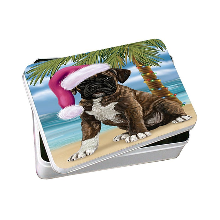 Summertime Happy Holidays Christmas Boxers Dog on Tropical Island Beach Photo Storage Tin