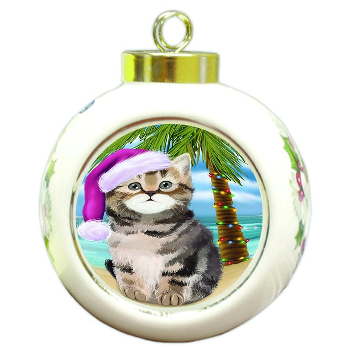 Summertime Happy Holidays Christmas British Shorthair Cat on Tropical Island Beach Round Ball Ornament D511