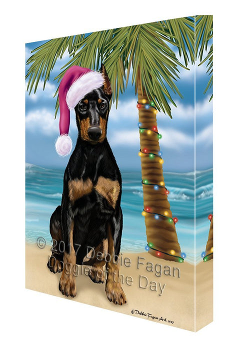 Summertime Happy Holidays Christmas Doberman Dog on Tropical Island Beach Canvas Wall Art