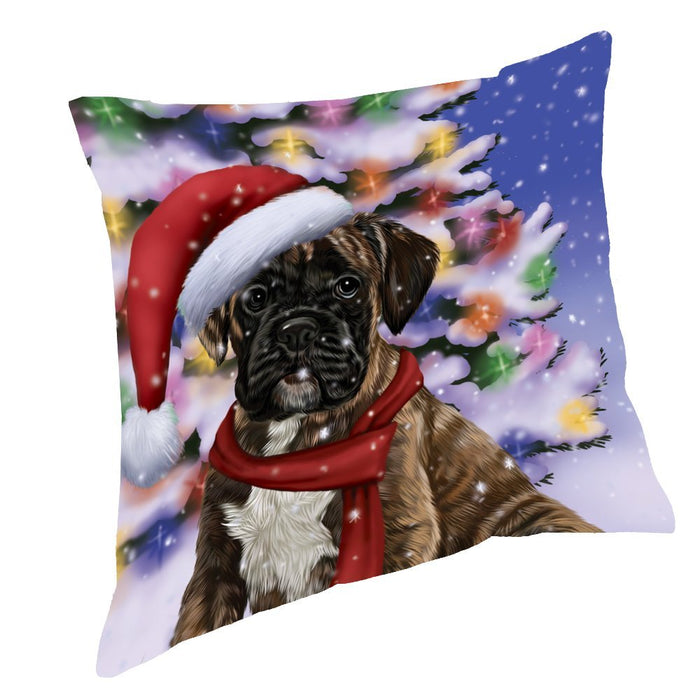 Winterland Wonderland Boxers Dog In Christmas Holiday Scenic Background Throw Pillow