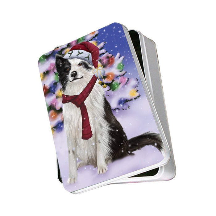 Winterland Wonderland Border Collies Dog In Christmas Holiday Scenic Background Photo Storage Tin
