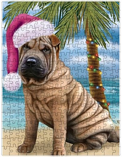 Summertime Happy Holidays Christmas Shar Pei Dog on Tropical Island Beach Puzzle with Photo Tin