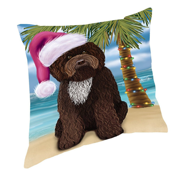 Summertime Christmas Happy Holidays Barbet Dog on Beach Throw Pillow PIL1408