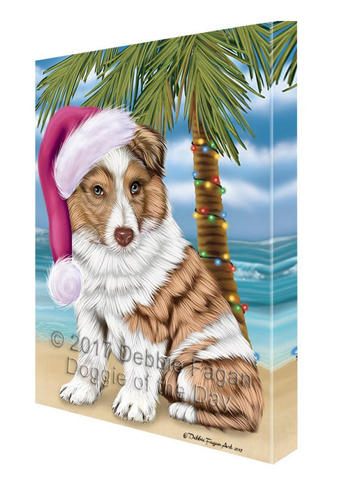 Summertime Happy Holidays Christmas Australian Shepherd Dog on Tropical Island Beach Canvas Wall Art