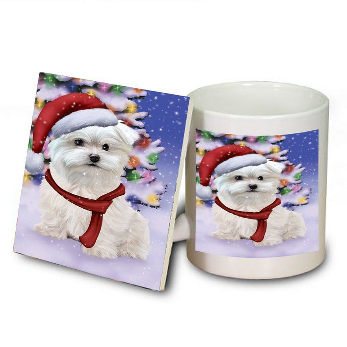 Winterland Wonderland Maltese Puppy Dog In Christmas Holiday Scenic Background Mug and Coaster Set