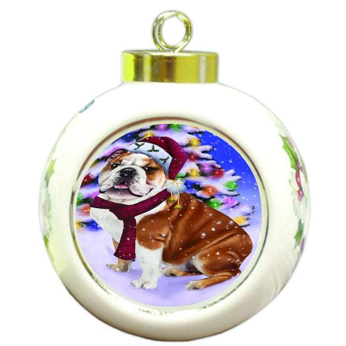 Winterland Wonderland Bulldogs Dog In Christmas Holiday Scenic Background Round Ball Ornament D559