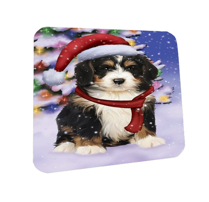 Winterland Wonderland Bernedoodle Puppy Dog In Christmas Holiday Scenic Background Coasters Set of 4