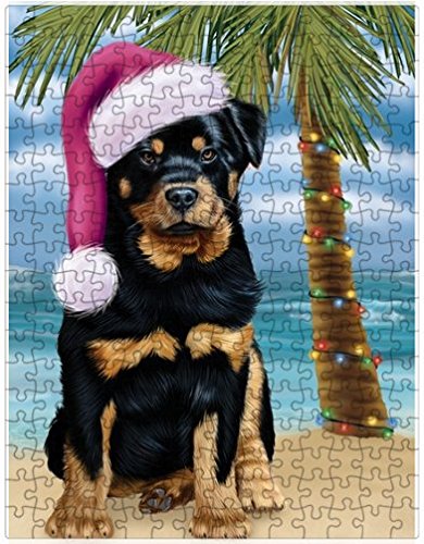 Summertime Happy Holidays Christmas Rottwieler Dog on Tropical Island Beach Puzzle with Photo Tin