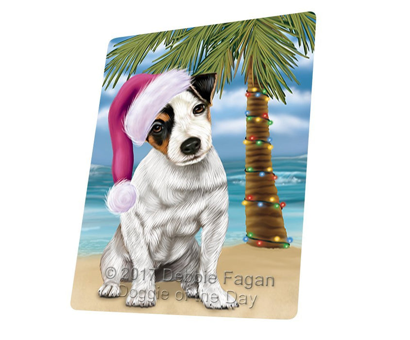 Summertime Happy Holidays Christmas Jack Russel Dog on Tropical Island Beach Tempered Cutting Board