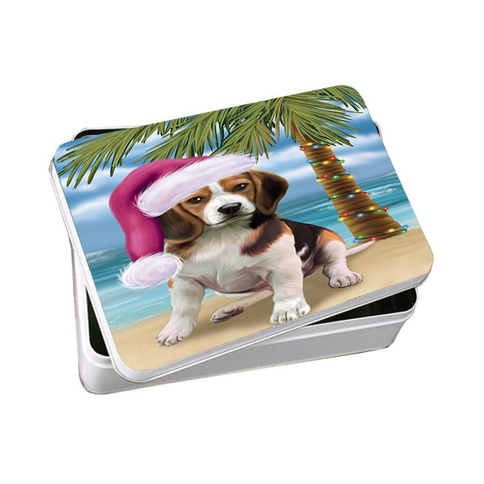 Summertime Happy Holidays Christmas Beagles Dog on Tropical Island Beach Photo Storage Tin