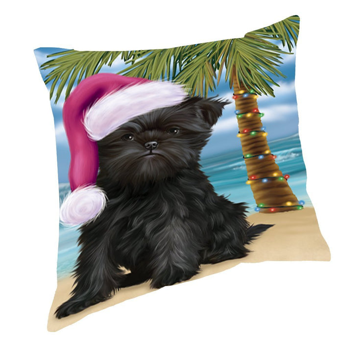 Summertime Happy Holidays Christmas Affenpinscher Dog on Tropical Island Beach Throw Pillow