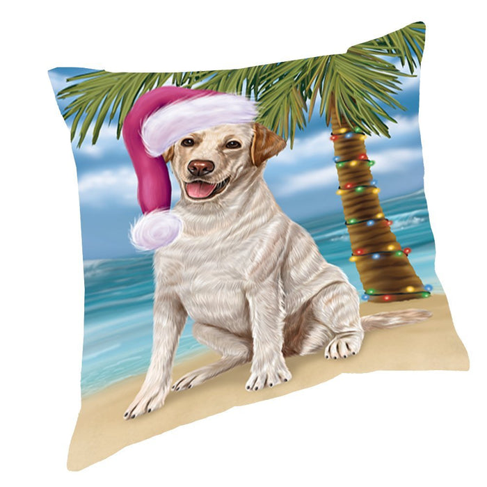 Summertime Happy Holidays Christmas Labradors Dog on Tropical Island Beach Throw Pillow