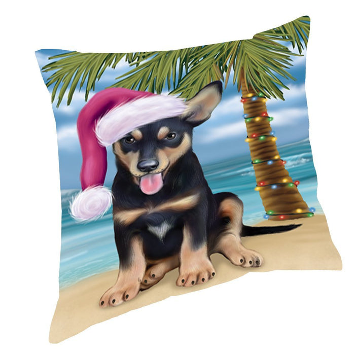 Summertime Christmas Happy Holidays Australian Kelpie Puppy on Beach Throw Pillow PIL1404