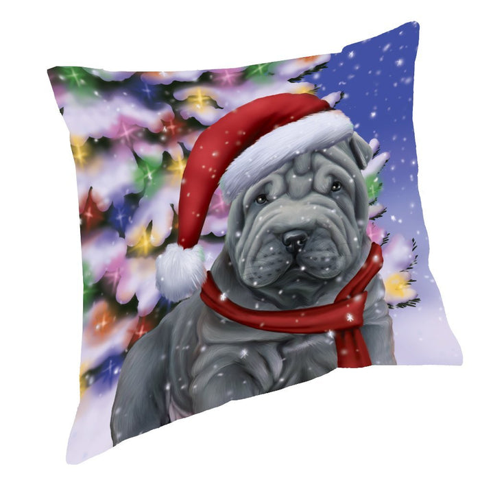 Winterland Wonderland Shar Pei Dog In Christmas Holiday Scenic Background Throw Pillow