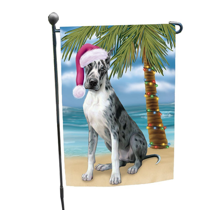Summertime Happy Holidays Christmas Great Dane Dog on Tropical Island Beach Garden Flag
