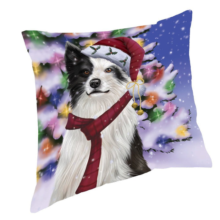 Winterland Wonderland Border Collies Dog In Christmas Holiday Scenic Background Throw Pillow