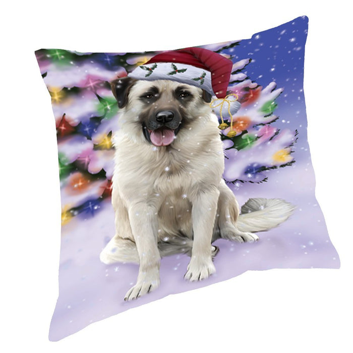Winterland Wonderland Anatolian Shepherds Dog In Christmas Holiday Scenic Background Throw Pillow