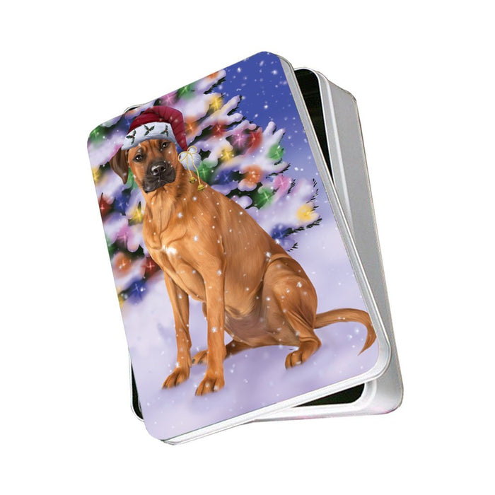 Winterland Wonderland Rhodesian Ridgebacks Dog In Christmas Holiday Scenic Background Photo Storage Tin