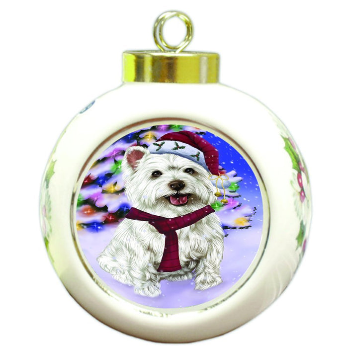 Winterland Wonderland West Highland Terriers Dog In Christmas Holiday Scenic Background Round Ball Ornament D590