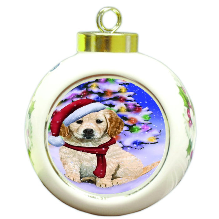 Winterland Wonderland Golden Retrievers Dog In Christmas Holiday Scenic Background Round Ball Ornament D570