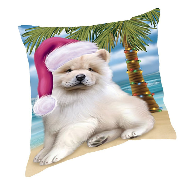 Summertime Happy Holidays Christmas Chow Chow Dog on Tropical Island Beach Throw Pillow